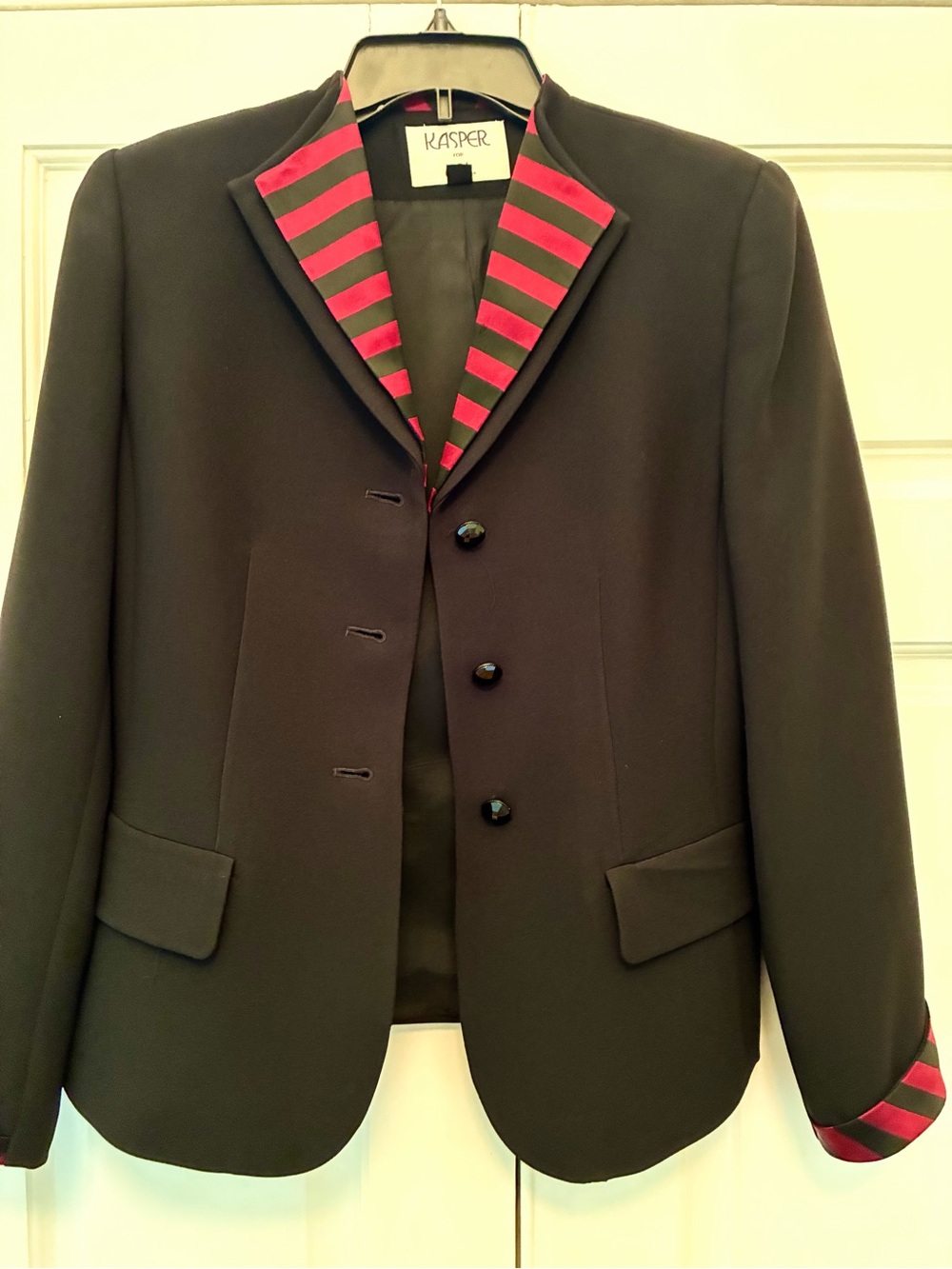 Kasper Black Blazer with Red and Black Stripe Trim